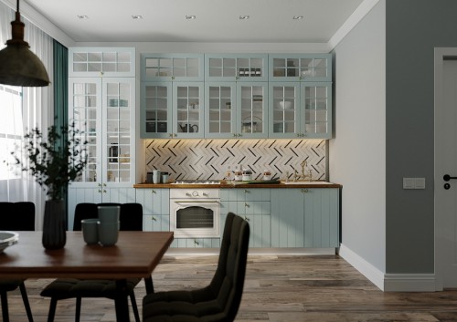 Модульная кухня трехуровневая Прованс 3200 Голубой прямая