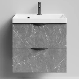 Тумба Марко 60 подвесной, ручки Черные, Мрамор Серый софт тач ПВХ 4044-1 Vodok с раковиной в комплекте