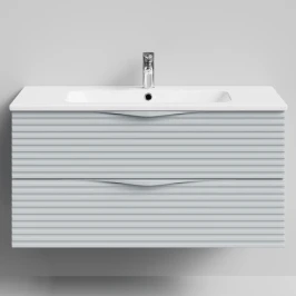 Тумба Эйфория 100 F7, пример RAL 7040 Серое окно, матовая, 2 ящика, подвесной Vodok с раковиной в комплекте