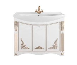 Тумба Кармен 105 напольный, патина золото, белая, двери Vodok с раковиной в комплекте