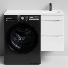 Тумба Смайл 100 подвесной, под стиральную машину, правая, белый глянец Vodok с раковиной в комплекте