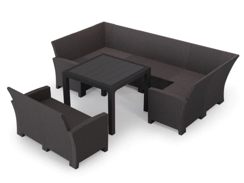 Комплект садовой мебели под ротанг Калифорния “California“с П- образный диваном 136х264х136 см 6 мест, 2х местным диваном 121х62 см, без подушек со столом 95х95см