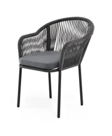 "Лион" стул плетеный из роупа, каркас из стали темно-серый (RAL7024) шагрень, роуп темно-серый круглый, ткань серая