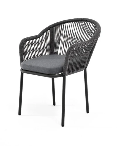 "Лион" стул плетеный из роупа, каркас из стали темно-серый (RAL7024) шагрень, роуп темно-серый круглый, ткань серая