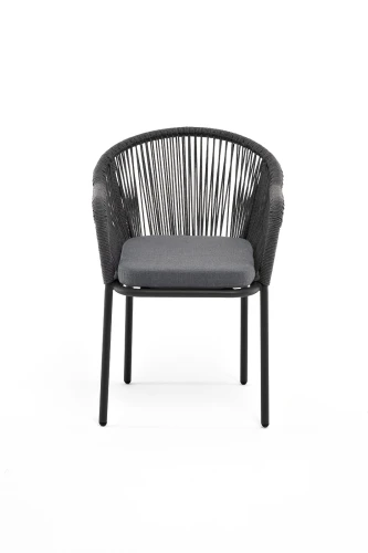 "Лион" стул плетеный из роупа, каркас из стали темно-серый (RAL7024) шагрень, роуп темно-серый круглый, ткань серая