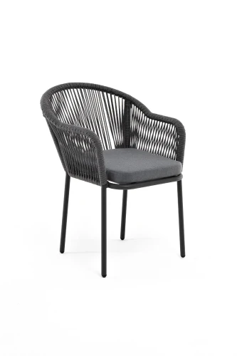 "Лион" стул плетеный из роупа, каркас из стали темно-серый (RAL7024) шагрень, роуп темно-серый круглый, ткань серая
