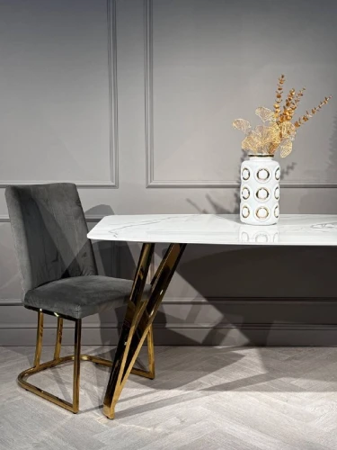 Стол обеденный Соар-2 F-1690,160х90х76 см, бело-серая керамика/золото