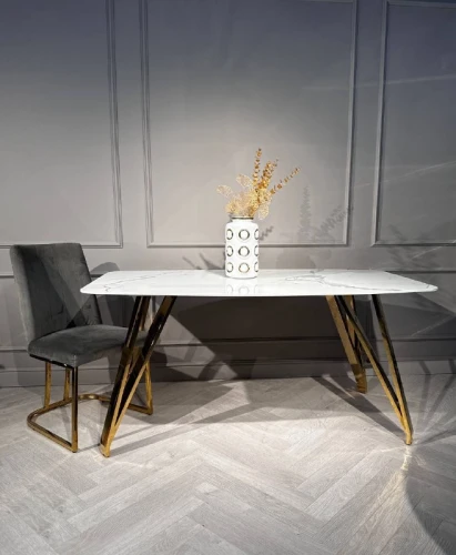 Стол обеденный Соар-2 F-1690,160х90х76 см, бело-серая керамика/золото
