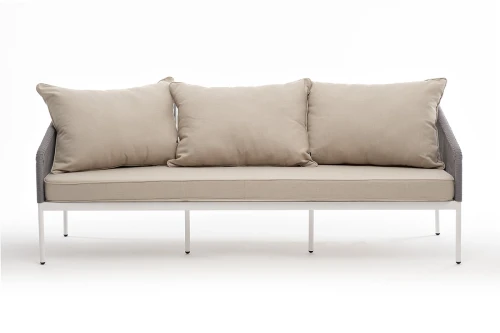 "Канны" диван 3-местный плетеный из роупа, каркас алюминий белый муар, роуп светло-серый круглый, ткань бежевая 15052