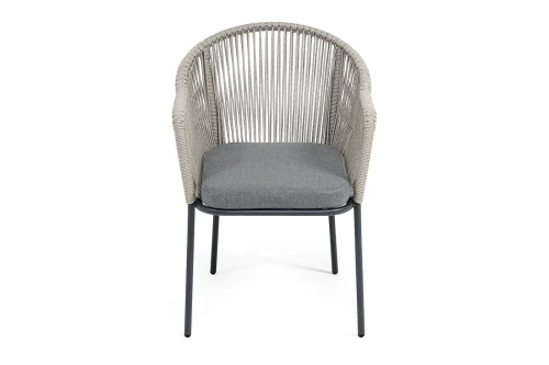 "Лион" стул плетеный из роупа, каркас из стали темно-серый (RAL7024) муар, роуп серый меланж круглый, ткань серая 017