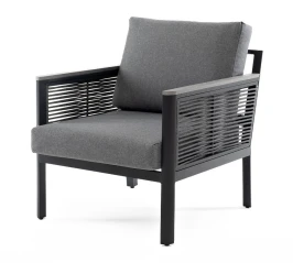 "Сан Ремо" кресло плетеное из роупа садовое, каркас алюминий темно-серый, роуп серый, ткань серая