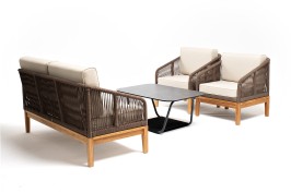 "Канны" лаунж-зона 4-местная из роупа со столом "Гранада" (серый гранит), основание дуб, роуп коричневый, ткань бежевая