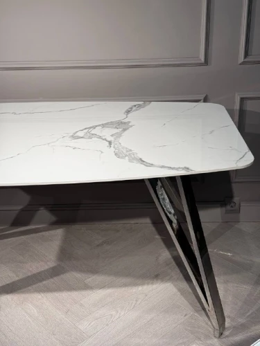 Стол обеденный Соар-2 F-1690,160х90х76 см, бело-серая керамика/хром серебро