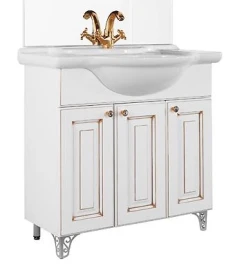 Тумба Белладжио 75 напольный, патина золото, белая, двери Vodok с раковиной в комплекте