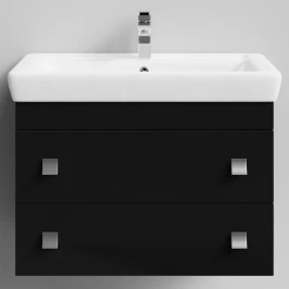 Тумба Квадро 80 подвесной, Черный глянец ПВХ Vodok с раковиной в комплекте