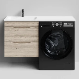 Тумба Смайл 120 подвесной, под стиральную машину, левая, Дубослив ореховый светлый ПВХ 3445 Vodok с раковиной в комплекте