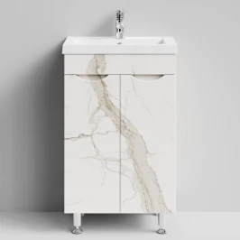 Тумба Смайл 50 напольный, Мрамор Белый натур милк ПВХ 2537 Vodok с раковиной в комплекте
