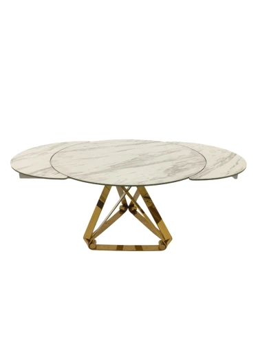 Стол обеденный раскладной Рондо Голд MC8239-120W, 120(+30+30)х76 см, белая керамика/золото