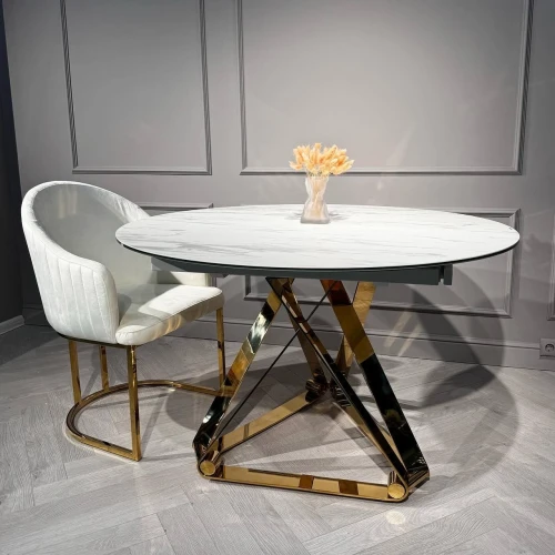 Стол обеденный раскладной Рондо Голд MC8239-120W, 120(+30+30)х76 см, белая керамика/золото