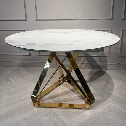 Стол обеденный раскладной Рондо Голд MC8239-120W, 120(+30+30)х76 см, белая керамика/золото