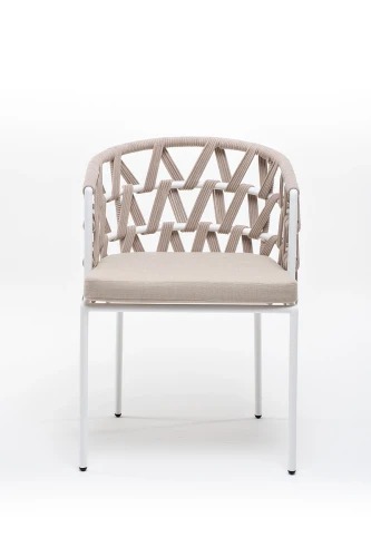 "Диего" стул плетеный из роупа, каркас из стали белый муар, роуп бежевый круглый, ткань бежевая 15052