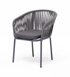 "Бордо" стул плетеный из роупа, каркас алюминий темно-серый (RAL7024) муар, роуп серый 15мм, ткань темно-серая 027