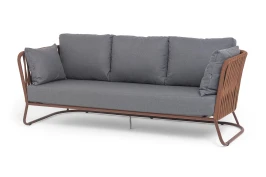 "Багамы" диван 3-местный плетеный из роупа, каркас алюминий бежево-серый (RAL7006) муар, роуп серо-коричневый 23мм, ткань серая