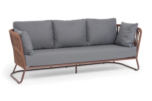 "Багамы" диван 3-местный плетеный из роупа, каркас алюминий бежево-серый (RAL7006) муар, роуп серо-коричневый 23мм, ткань серая