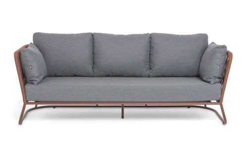 "Багамы" диван 3-местный плетеный из роупа, каркас алюминий бежево-серый (RAL7006) муар, роуп серо-коричневый 23мм, ткань серая