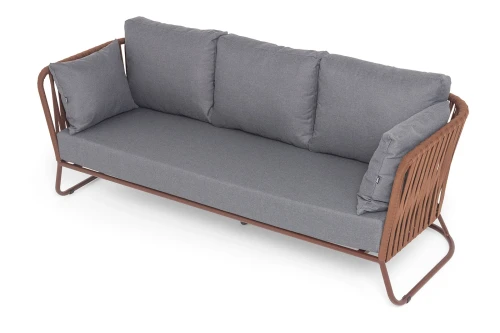 "Багамы" диван 3-местный плетеный из роупа, каркас алюминий бежево-серый (RAL7006) муар, роуп серо-коричневый 23мм, ткань серая