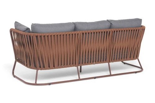 "Багамы" диван 3-местный плетеный из роупа, каркас алюминий бежево-серый (RAL7006) муар, роуп серо-коричневый 23мм, ткань серая