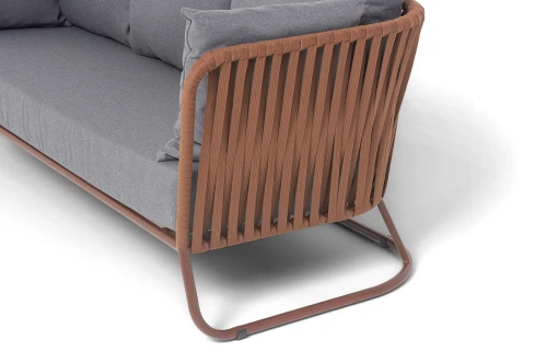 "Багамы" диван 3-местный плетеный из роупа, каркас алюминий бежево-серый (RAL7006) муар, роуп серо-коричневый 23мм, ткань серая