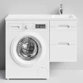 Тумба Айрис 100 подвесной, под стиральную машину, правая, белый Vodok с раковиной в комплекте