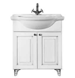 Тумба Белладжио 75 напольный, патина серебро, белая, двери Vodok с раковиной в комплекте