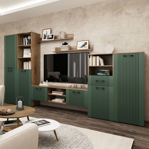 Тумба под ТВ «Монреаль» 2Д КМК 0986.5, дуб канзас/зеленый матовый