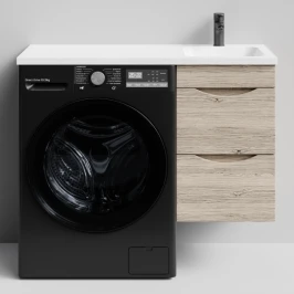 Тумба Смайл 100 подвесной, под стиральную машину, правая, Дубослив ореховый светлый ПВХ 3445 Vodok с раковиной в комплекте