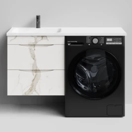 Тумба Смайл 120 подвесной, под стиральную машину, левая, Мрамор Белый натур милк ПВХ 2537 Vodok с раковиной в комплекте