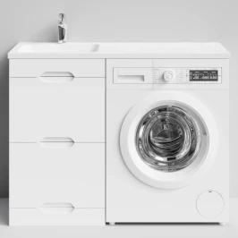 Тумба Айрис 110 напольный, под стиральную машину, левая, белый Vodok с раковиной в комплекте