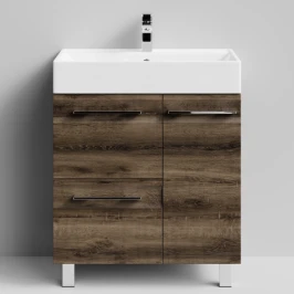 Тумба Мальта 70 напольный, ящики и дверь, Дуб крымский коричневый ПВХ 131005-9005, правый Vodok с раковиной в комплекте