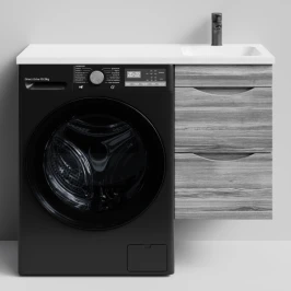 Тумба Смайл 100 подвесной, под стиральную машину, правая, Лиственница структурная контрастно-серая ПВХ 64202 Vodok с раковиной в комплекте