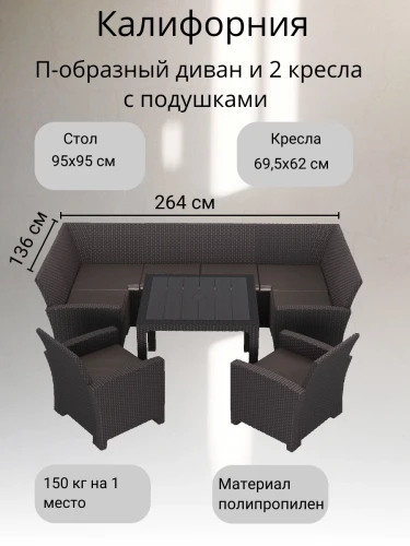 Комплект садовой мебели под ротанг Калифорния “California“с П- образный диваном 136х264х136 см 6 мест, 2 кресла, с подушками со столом 95х95 см