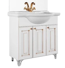 Тумба Белладжио 85 напольный, патина золото, белая, двери Vodok с раковиной в комплекте