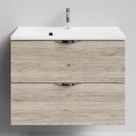 Тумба Марко 75 подвесной, ручки Хром, Дубослив ореховый светлый ПВХ 3445 Vodok с раковиной в комплекте