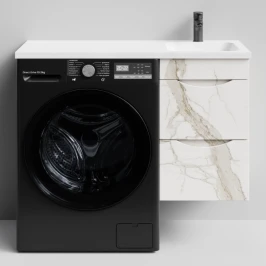 Тумба Смайл 100 подвесной, под стиральную машину, правая, Мрамор Белый натур милк ПВХ 2537 Vodok с раковиной в комплекте