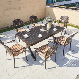 Обеденная группа из литого алюминия стол прямоугольный ТРАНСФОРМЕР «TRANSFORMER» 180-240×90 + 6 кресел ВУЛКАН «VOLCANO»