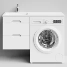 Тумба Айрис 110 подвесной, под стиральную машину, левая, белый Vodok с раковиной в комплекте