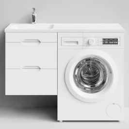 Тумба Айрис 110 подвесной, под стиральную машину, левая, белый Vodok с раковиной в комплекте