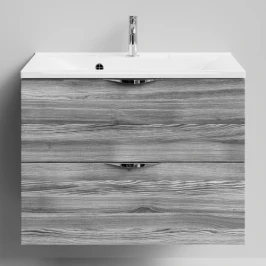 Тумба Марко 75 подвесной, ручки Хром, Лиственница структурная контрастно-серая ПВХ 64202 Vodok с раковиной в комплекте