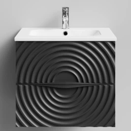 Тумба Эйфория 60 F1, пример RAL 9005 Чёрный янтарь, матовая, 2 ящика, подвесной Vodok с раковиной в комплекте