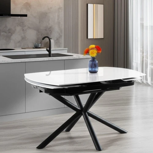 Стол обеденный Winston/Винстон столешница керамика (глянцевая) / опоры металл, белый/черный, (120+30+30)x80x75(+1) см